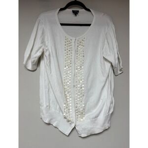 Talbots Cardigan Womens XL White Good Pima Cotton Sequin Short Sleeve Scoop Neck